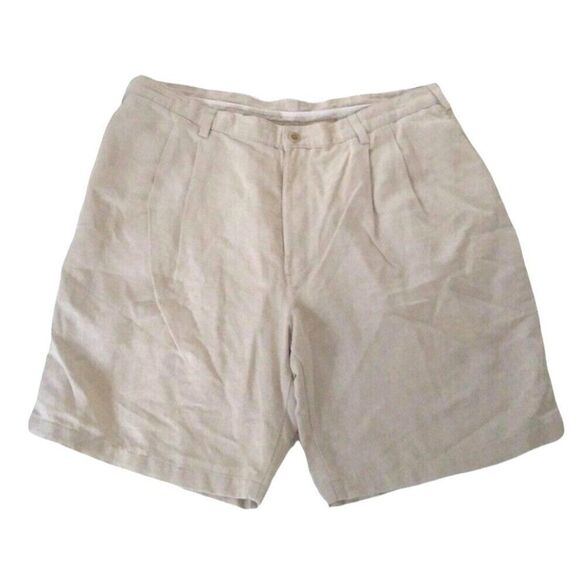 Mens Linen Shorts Pleated FrontBeige Silkworks Savane Size 38 8.5" inseam - Picture 1 of 4